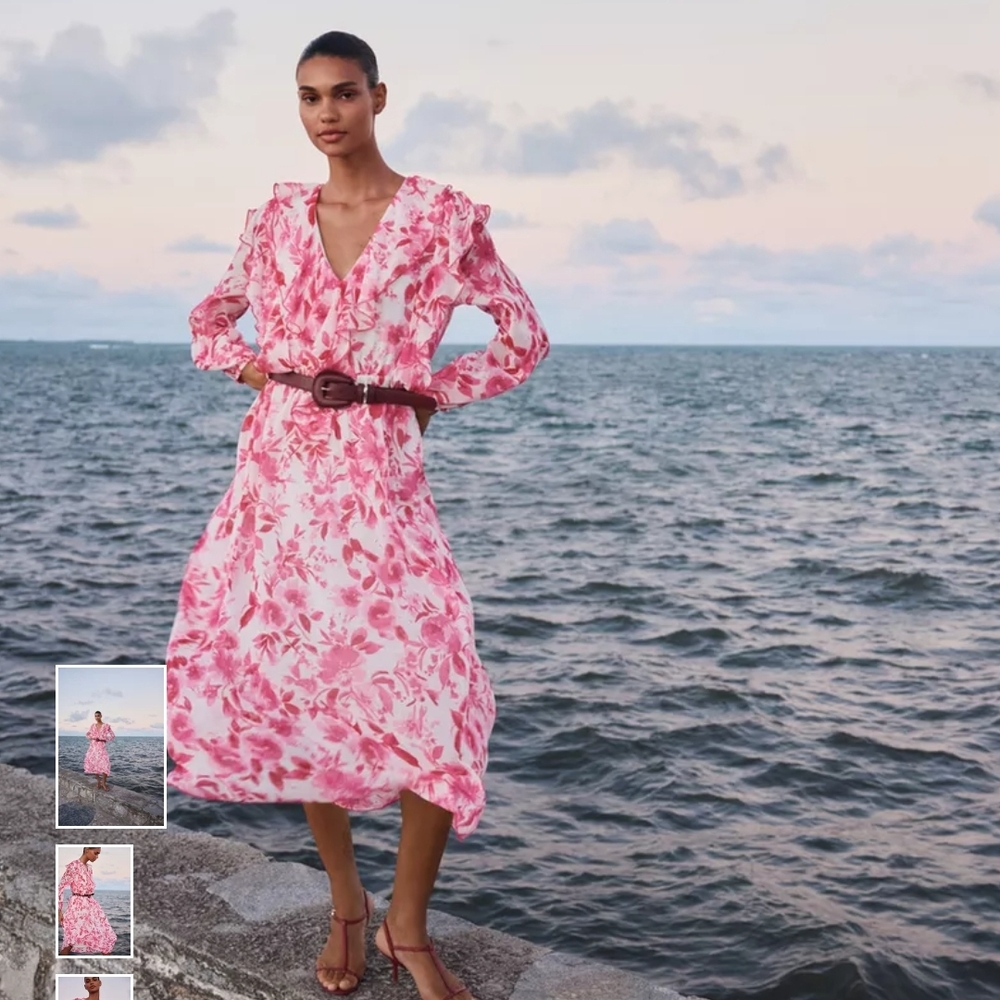 Zara Pink Floral Midi Dress - Picture 8 of 12